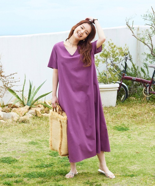 Vicky ビッキー のファッション ワンピース リネンライクvネックワンピース 洗濯機で洗える ワンピース