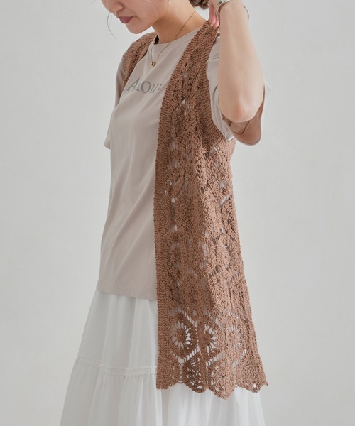 Chez toi（シェトワ）の「カギ針ロングジレ（カーディガン/ボレロ・レディース・ブラウン/グリーン/アイボリー・FREE）」の8枚目の写真