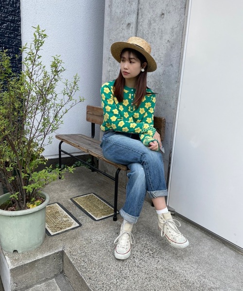 moyan ecri（モヤン エクリ）の「<moyan ecri>ヘンリーネック袖スリット花柄プルオーバー【SAKURA SERIES】（ニット/セーター・レディース・グリーン/アクア・FREE）」の8枚目の写真