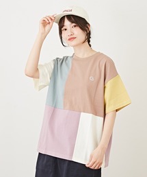 CUBE SUGAR（キューブシュガー）の「天竺配色切替クルーネックパッチワーク半袖Tシャツ（Tシャツ/カットソー）」