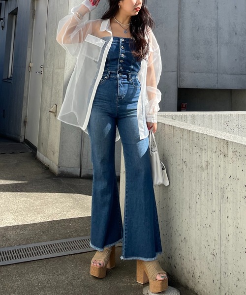 SPIRALGIRL（スパイラルガール）の「オーガンジーオーバーシャツ（シャツ/ブラウス・レディース・ブラック/オフホワイト/ブルー・FREE）」の9枚目の写真