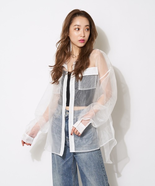 SPIRALGIRL（スパイラルガール）の「オーガンジーオーバーシャツ（シャツ/ブラウス・レディース・ブラック/オフホワイト/ブルー・FREE）」の10枚目の写真