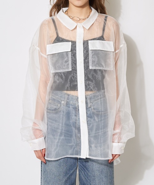 SPIRALGIRL（スパイラルガール）の「オーガンジーオーバーシャツ（シャツ/ブラウス・レディース・ブラック/オフホワイト/ブルー・FREE）」の13枚目の写真