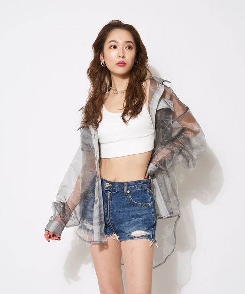 SPIRALGIRL（スパイラルガール）の「オーガンジーオーバーシャツ（シャツ/ブラウス・レディース・ブラック/オフホワイト/ブルー・FREE）」の11枚目の写真