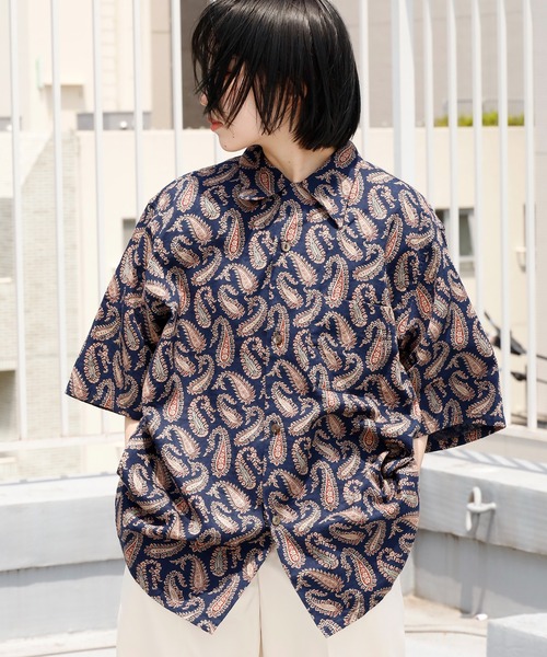  ★半袖 テクスチャード生地 Tシャツ★ペイズリー柄 シアーペイズリー柄オープンカラー半袖シャツ｜メンズ