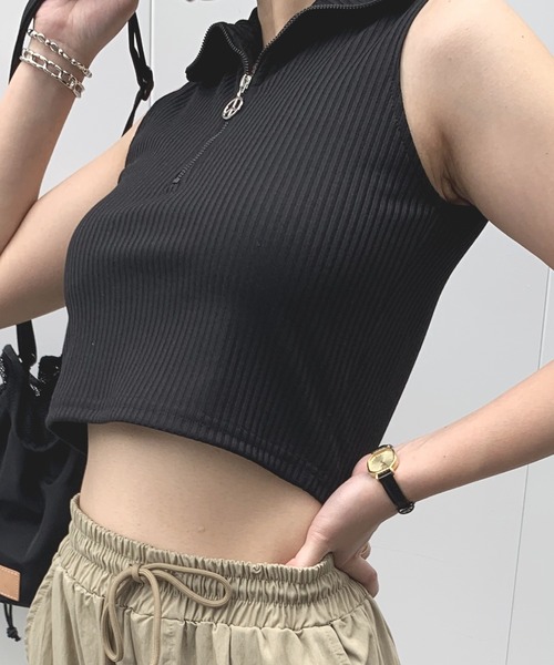 ARCHIVER（アーカイバ）の「【Bz】[SW] 無地テレコハ-フZIPチビP/Oノ-スリ-ブトップスピ-スマ-クスライダ-(RZ)（Tシャツ/カットソー・レディース・ブラック/ネイビー/オフホワイト・FREE）」の6枚目の写真