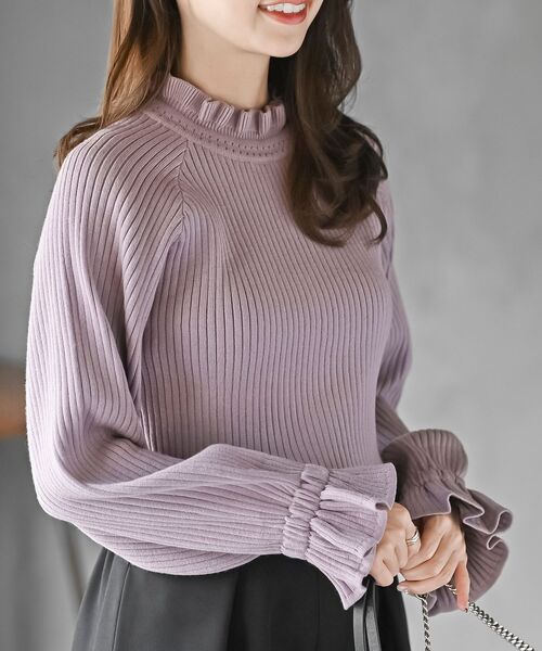 キャンディ袖フリルネックリブニットプルオーバー（ニット/セーター