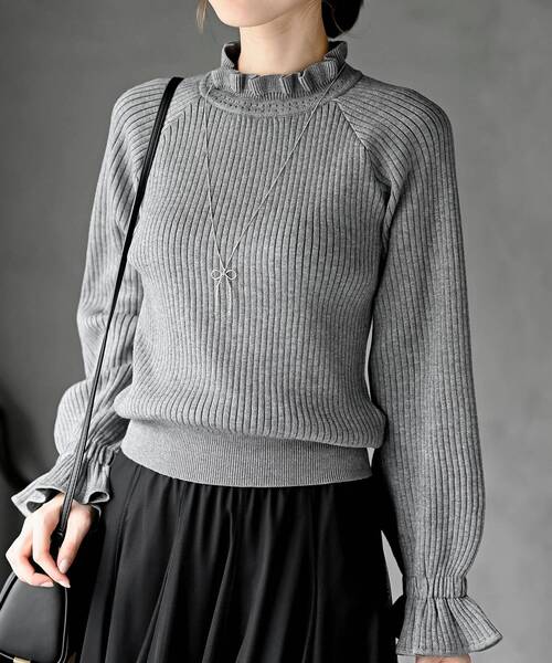 キャンディ袖フリルネックリブニットプルオーバー（ニット/セーター