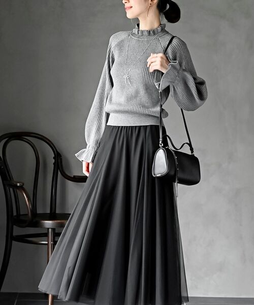 キャンディ袖フリルネックリブニットプルオーバー（ニット/セーター