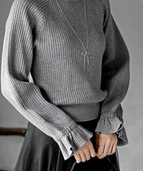 キャンディ袖フリルネックリブニットプルオーバー（ニット/セーター