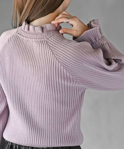 キャンディ袖フリルネックリブニットプルオーバー（ニット/セーター