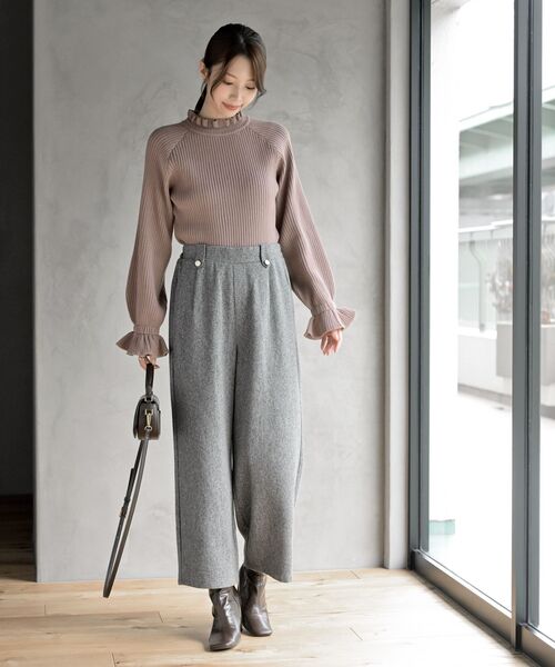キャンディ袖フリルネックリブニットプルオーバー（ニット/セーター