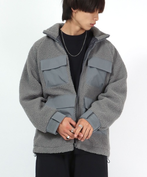 セール】スタンドネック ボアフリースブルゾン/ボアジャケット メンズ