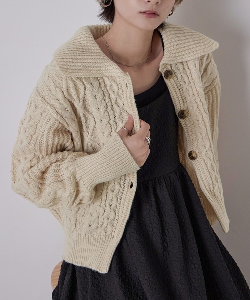 Fashion Letter（ファッションレター）の「ケーブルニットセーラーカラーカーデ（カーディガン/ボレロ・レディース・アイボリー/ブラック/グリーン/イエロー・M）」の3枚目の写真