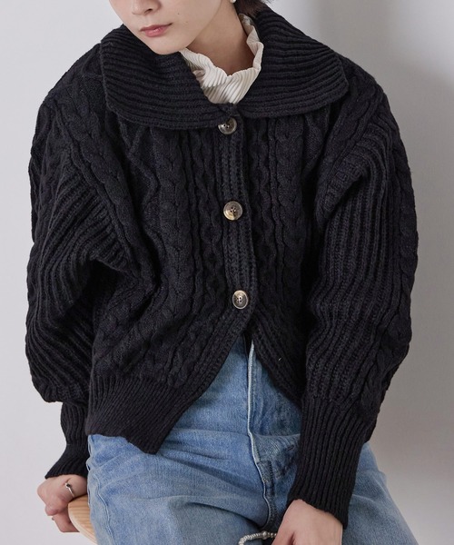 Fashion Letter（ファッションレター）の「ケーブルニットセーラーカラーカーデ（カーディガン/ボレロ・レディース・アイボリー/ブラック/グリーン/イエロー・M）」の2枚目の写真