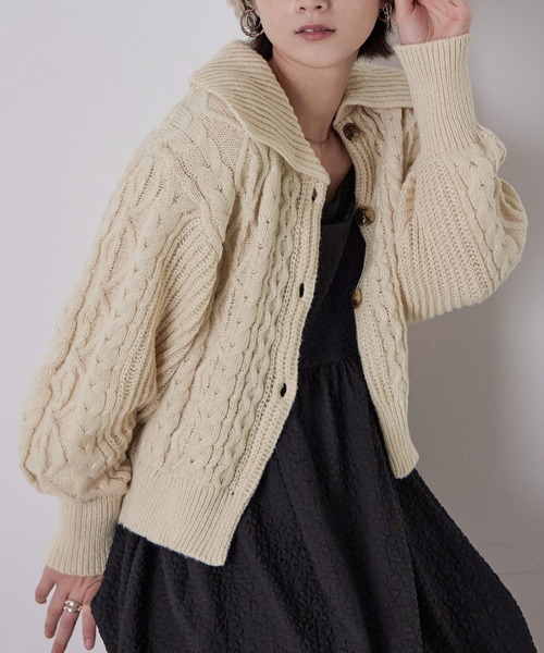 Fashion Letter（ファッションレター）の「ケーブルニットセーラーカラーカーデ（カーディガン/ボレロ・レディース・アイボリー/ブラック/グリーン/イエロー・M）」の7枚目の写真