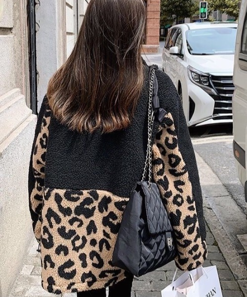 セール】ボア×レオパード切替スタンドカラージャケット（ブルゾン