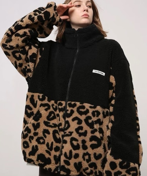 セール】ボア×レオパード切替スタンドカラージャケット（ブルゾン