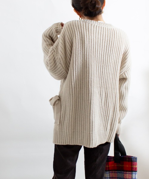 ALL ORDINARIES（オールオーディナリーズ）の「フロント重ね紐付ケーブルニットプルオーバー（ニット/セーター・レディース・オフホワイト/チャコールグレー・FREE）」の6枚目の写真