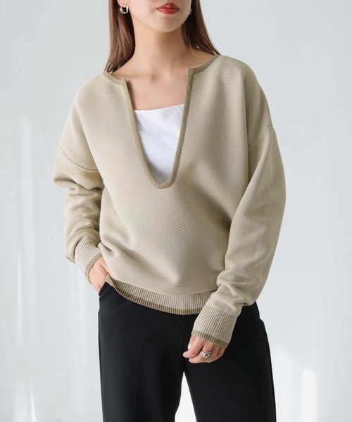 HER CLOSET（ハークローゼット）の「【shemoshelly】WEB限定バイカラーキーネックスウェットライクニット（ニット/セーター・レディース・ブラウン/ベージュ/オフホワイト・M）」の12枚目の写真