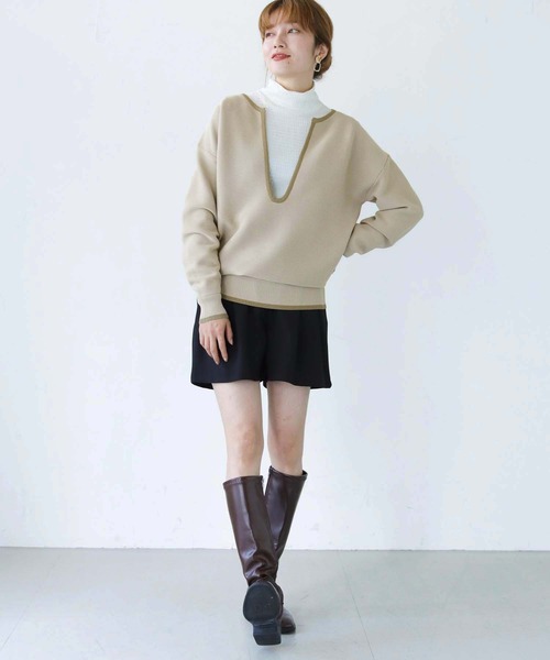 HER CLOSET（ハークローゼット）の「【shemoshelly】WEB限定バイカラーキーネックスウェットライクニット（ニット/セーター・レディース・ブラウン/ベージュ/オフホワイト・M）」の22枚目の写真