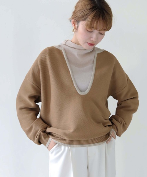 HER CLOSET（ハークローゼット）の「【shemoshelly】WEB限定バイカラーキーネックスウェットライクニット（ニット/セーター・レディース・ブラウン/ベージュ/オフホワイト・M）」の18枚目の写真