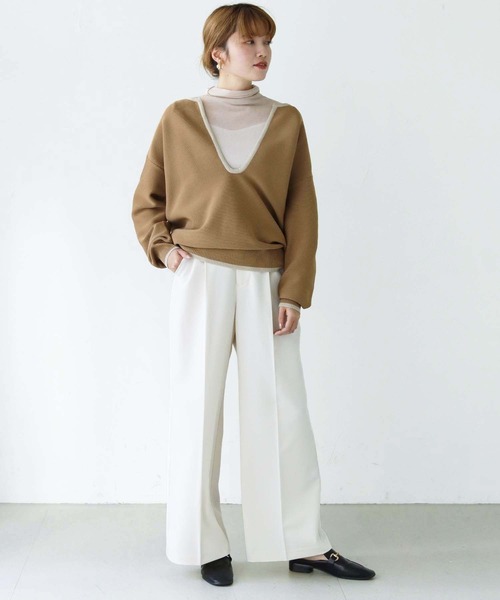 HER CLOSET（ハークローゼット）の「【shemoshelly】WEB限定バイカラーキーネックスウェットライクニット（ニット/セーター・レディース・ブラウン/ベージュ/オフホワイト・M）」の16枚目の写真