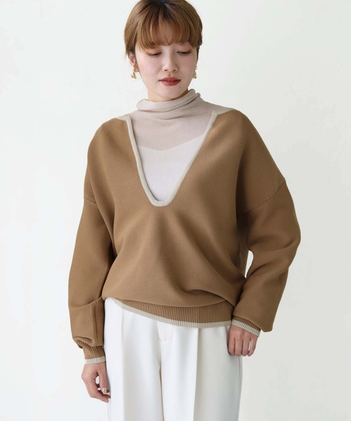 HER CLOSET（ハークローゼット）の「【shemoshelly】WEB限定バイカラーキーネックスウェットライクニット（ニット/セーター・レディース・ブラウン/ベージュ/オフホワイト・M）」の19枚目の写真