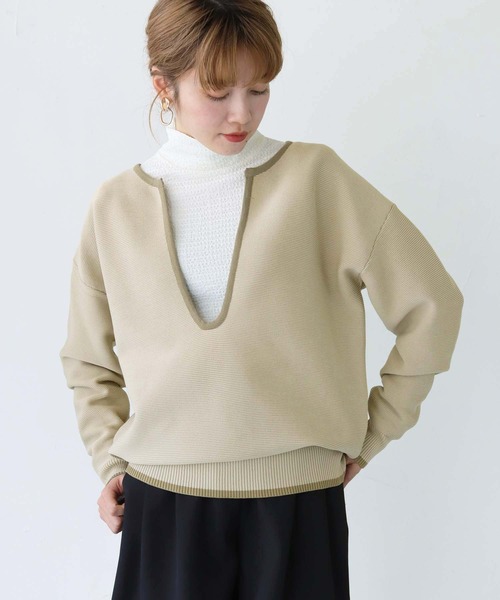HER CLOSET（ハークローゼット）の「【shemoshelly】WEB限定バイカラーキーネックスウェットライクニット（ニット/セーター・レディース・ブラウン/ベージュ/オフホワイト・M）」の21枚目の写真