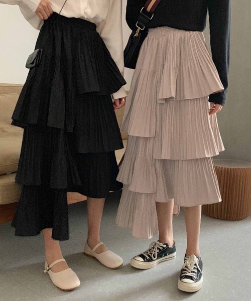 セール】ランダムプリーツ3段ティアードスカート（スカート）｜deux
