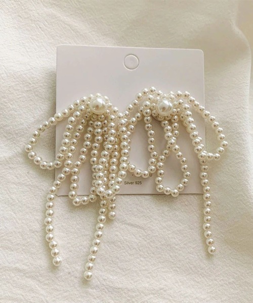 No.13 オリーブ シフォンリボン ×コットンパール ピアス イヤリング