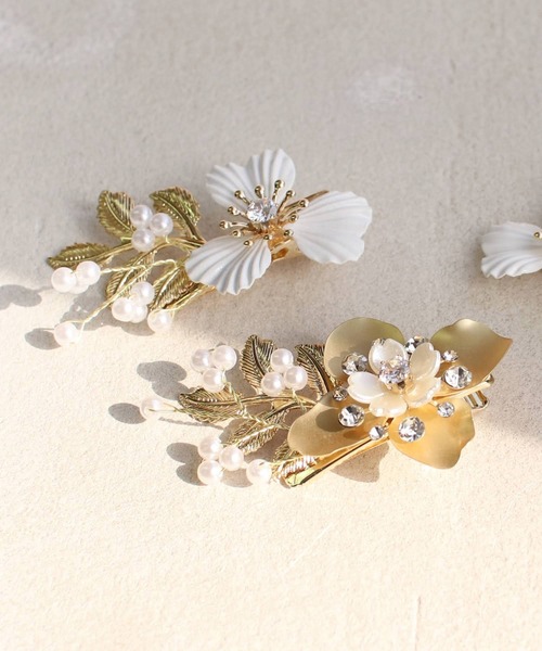 ゴールドの花冠とイヤリングセット セール】ローレン 花冠 ヘアクリップ3個セット / 花 フワラー パール