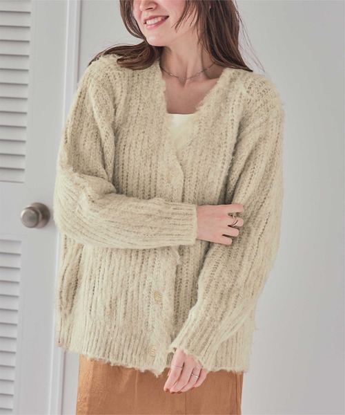 セール】モヘアライクシャギーVネックニットカーディガン