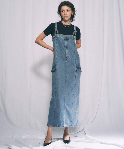 オールインワン サスペンダー デニム スカート スリッド 着回し atelier SOMETHING 2WAY LACE UP SALOPETTE SKIRT/レースアップ