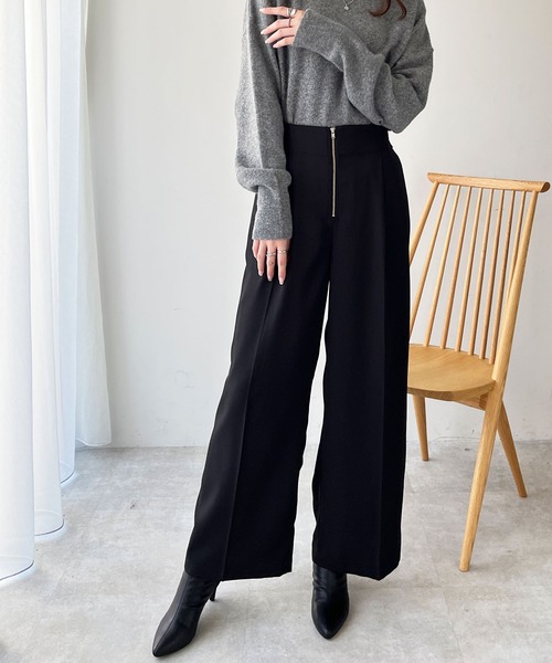GeeRA(ジーラ)の「ハイウエストジップワイドパンツ(スラックス・レディース・ライトベージュ/ブラック・LARGE/MEDIUM)」の3枚目の写真