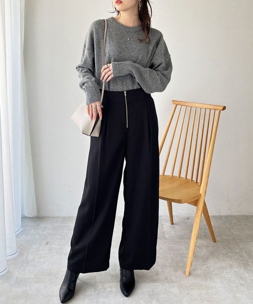 GeeRA(ジーラ)の「ハイウエストジップワイドパンツ(スラックス・レディース・ライトベージュ/ブラック・LARGE/MEDIUM)」の4枚目の写真