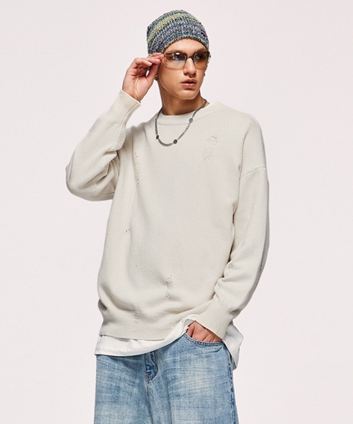 Ressaca(レサーカ)の「ダメージ加工 プルオーバークルーネックニットセーター オーバーサイズ(ニット/セーター・メンズ・チャコールグレー/ブラック/アイボリー・S/M/XL/L)」の21枚目の写真