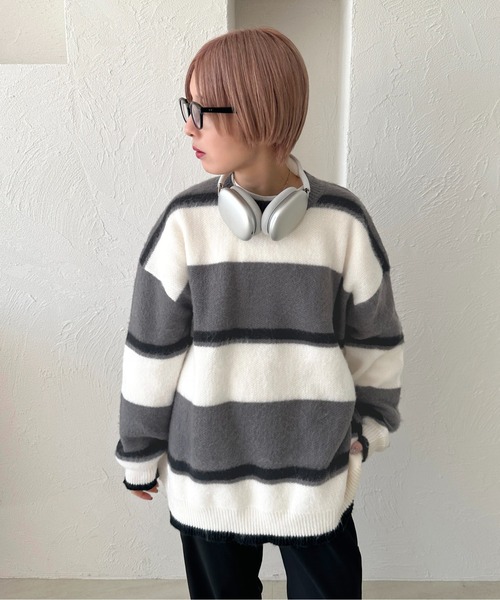 apres jour mignon(アプレジュールミニョン)の「モヘアライクボーダーニット【ZOZOTOWN限定アイテム】(ニット/セーター・レディース・グレー/ブルー系その他/マスタード・フリー/X-LARGE)」の5枚目の写真