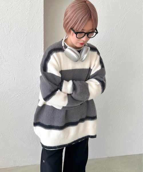 apres jour mignon(アプレジュールミニョン)の「モヘアライクボーダーニット【ZOZOTOWN限定アイテム】(ニット/セーター・レディース・グレー/ブルー系その他/マスタード・フリー/X-LARGE)」の6枚目の写真