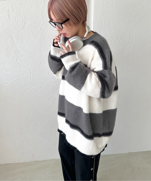 apres jour mignon(アプレジュールミニョン)の「モヘアライクボーダーニット【ZOZOTOWN限定アイテム】(ニット/セーター・レディース・グレー/ブルー系その他/マスタード・フリー/X-LARGE)」の4枚目の写真