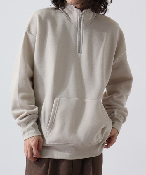 FUNALIVE（ファンアライブ）の「High neck brushed lining half zip sweatshirt / ハイネック裏起毛 ハーフジップスウェット unisex（スウェット・メンズ・ヘザーチャコール/グレイッシュベージュ/ブラック/パープル/オートミール・M/L/XL）」の4枚目の写真