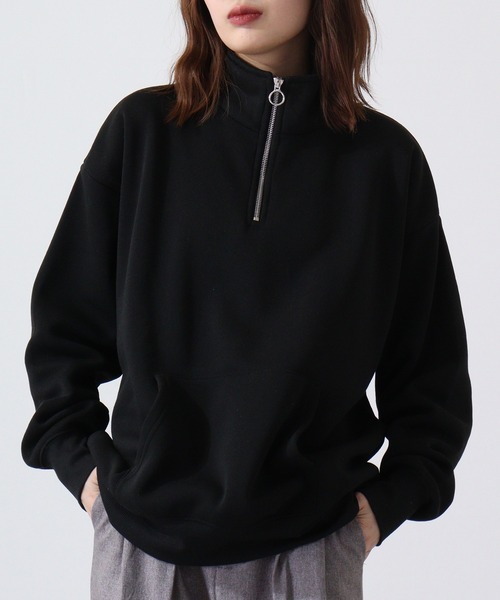 FUNALIVE（ファンアライブ）の「High neck brushed lining half zip sweatshirt / ハイネック裏起毛 ハーフジップスウェット unisex（スウェット・メンズ・ヘザーチャコール/グレイッシュベージュ/ブラック/パープル/オートミール・M/L/XL）」の2枚目の写真
