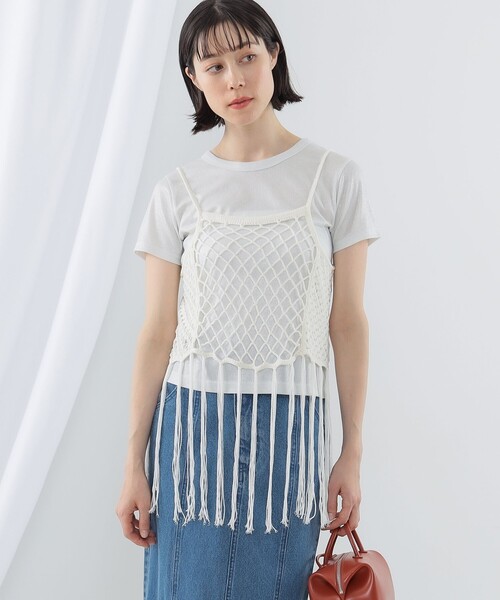 Ray BEAMS(レイビームス)の「Ray BEAMS / カギバリ フリンジ キャミソール(ニット/セーター・レディース・ホワイト/ブラック・ONE SIZE)」の2枚目の写真