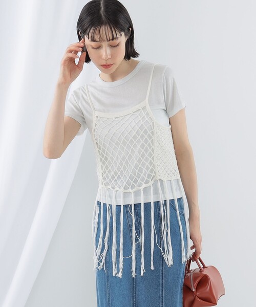 Ray BEAMS(レイビームス)の「Ray BEAMS / カギバリ フリンジ キャミソール(ニット/セーター・レディース・ホワイト/ブラック・ONE SIZE)」の7枚目の写真