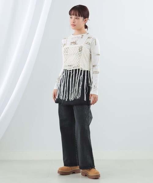 Ray BEAMS(レイビームス)の「Ray BEAMS / カギバリ フリンジ キャミソール(ニット/セーター・レディース・ホワイト/ブラック・ONE SIZE)」の9枚目の写真