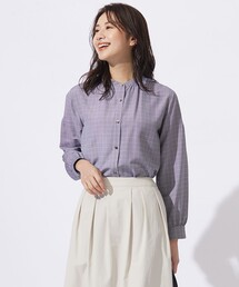 【洗える】セルロース チェック バンドカラー ブラウス