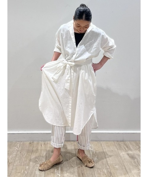 セール】リネンブレンド マキシドレス バンドカラーワンピース