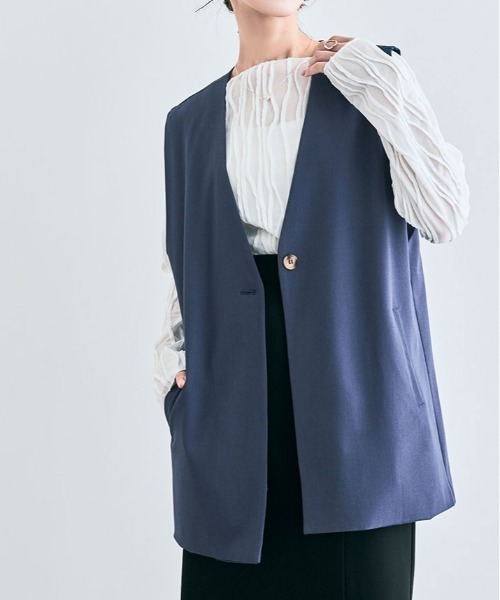 kirakiraShop(キラキラショップ)の「ノーカラー ジレ ジャケット(ベスト・レディース・ブラック/ベージュ/ブラウン/ブルー/ダークグレー/ライトベージュ・FREE)」の1枚目の写真
