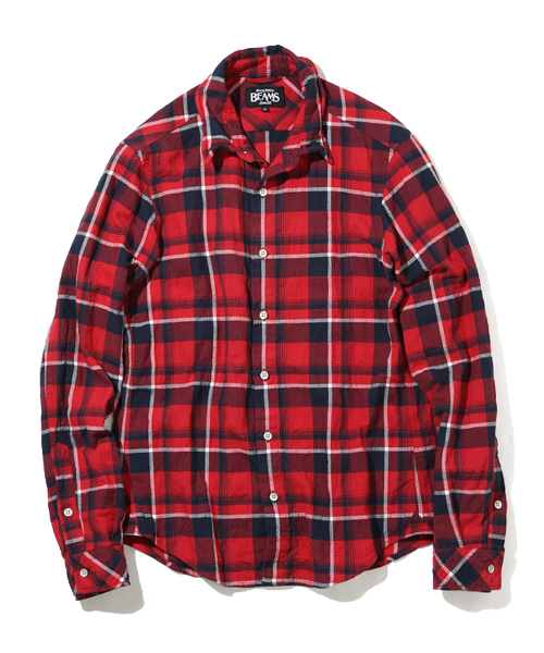 BEAMS(ビームス)の「◆BEAMS / ヘリンボーン ワッシャー ミニ襟 チェック シャツ(シャツ/ブラウス・メンズ・ブルー/レッド/ブラック・LARGE/SMALL/MEDIUM/X-LARGE)」の3枚目の写真