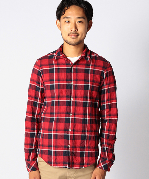 BEAMS(ビームス)の「◆BEAMS / ヘリンボーン ワッシャー ミニ襟 チェック シャツ(シャツ/ブラウス・メンズ・ブルー/レッド/ブラック・LARGE/SMALL/MEDIUM/X-LARGE)」の4枚目の写真